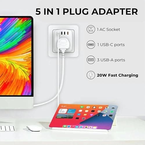 Double Dragon 20W Fast Charging 5-in-1 UK to EU Travel Adapter | 3 USB-A & 1 USB-C Ports | Converts UK 3 PIN Plug to European 2 PIN Plug in Spain, France, Portugal, Germany, Greece, Italy, Sweden, etc — view 3