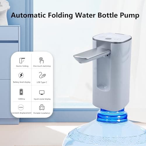 HUAPPNIO Electric Water Bottle Pump Rechargeable Water Dispenser Autofolding Spout Smart Portable USB Charging for Kitchen Office Home Camping Bedroom Campervan White — view 3