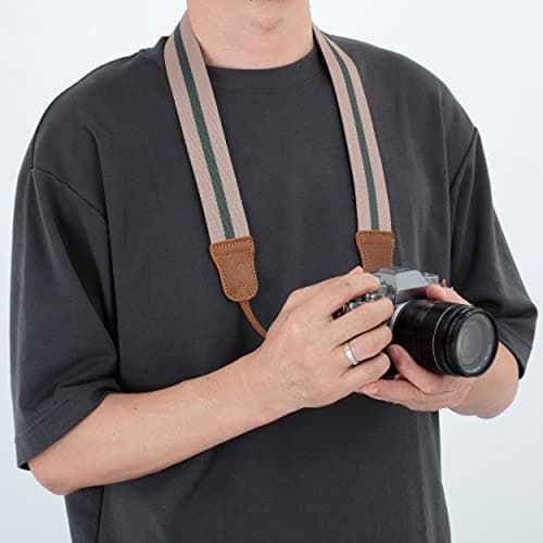 Padwa Lifestyle Stripe Camera Strap -Double Layer Crazy Horse Cowhide End,1.5" Wide Pure Cotton Woven Camera Straps,Adjustable Neck Shoulder Strap for All DSLR Cameras,Gift for Photographers — view 2