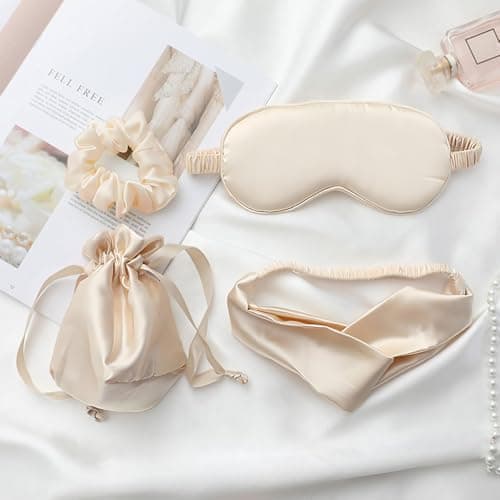 Silk Eye Mask for Sleeping Set - 4 Pack Satin Sleep Mask with Adjustable Strap & Travel Pouch & Hair Band | Blackout Eye Mask for Women Men, Travel, Yoga, Nap | Ultra Soft Gift Box (Light Color)