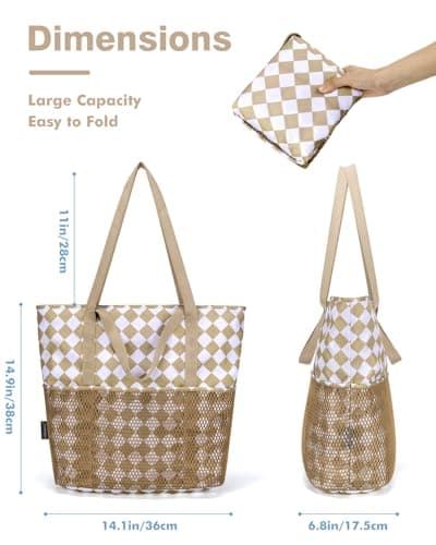 Beach Bag with Zip and Pockets Small Beach Tote Bags for Women, Checkered — view 4
