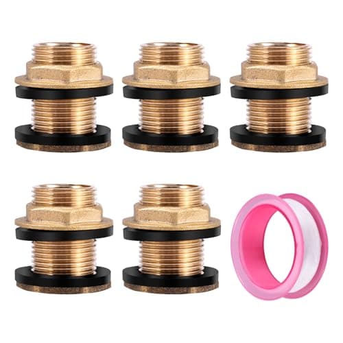 5-Pack Brass Tank Connector Fittings, 3/4" BSP Male × 1/2" BSP Female Threaded Bulkhead Adapter with PTFE Tape, Anti-Rust Water Tank Tap Connector for Barrel, IBC, Garden, Irrigation