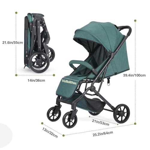Convenience Baby Stroller – Lightweight & Compact Travel Umbrella Stroller, Quick One-Hand Fold, Lockable Rear Wheels, Adjustable Canopy, 5-Point Safety Harness & Shopping Basket (Dark Green) — view 3