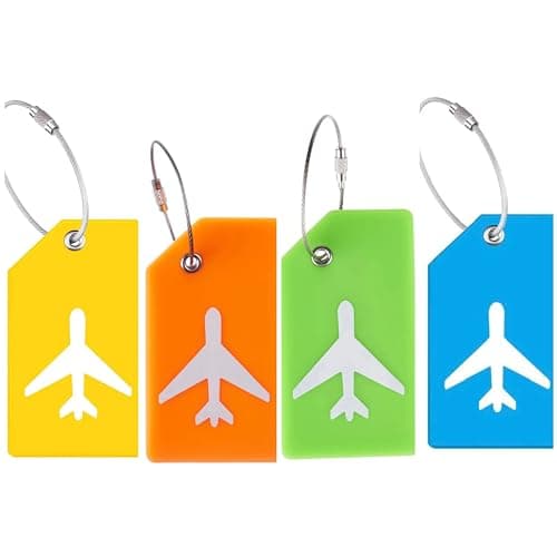 Pack of 4 PVC Silicone Luggage Tags Holiday Suitcase Labels Travel Bag Plane Design Color with Name ID Card Suitable for Luggage Suitcase, Backpacks, Bags, Handbags. Travel Accessories Essentials
