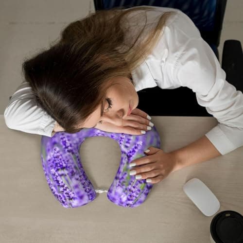 AUGUSTRUSH Memory Foam Neck Pillow - Travel Pillow With Adjustable Clasp, Removable Washable Cover For Airplane Office Car, Ergonomic Support Comfortable U-Shaped Pillow, Purple Lavender Print — view 6