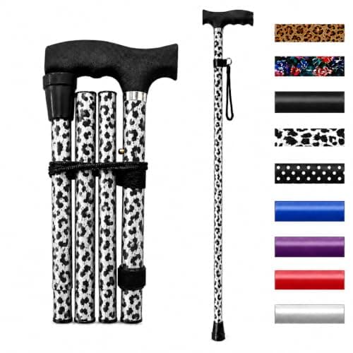 Life Healthcare Folding Walking Stick, Adjustable Cane, Black Leopard