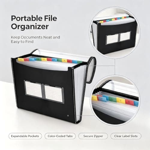 FERNVALE A4 Expanding File Organiser 13 Pockets, Waterproof PP Accordion Document Folder with Colour Index Tabs, Portable Receipt Bill Paperwork Storage Folder for Back to College, Home, Office, Black — view 3