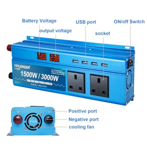 Yinleader Pure Sine Wave Power Inverter 1500W /3000W DC 12v to 240v to AC Voltage Converter With Dual UK Sokets 4 USB Ports LED Voltage Display for Car Camping Caravan Travel — view 6