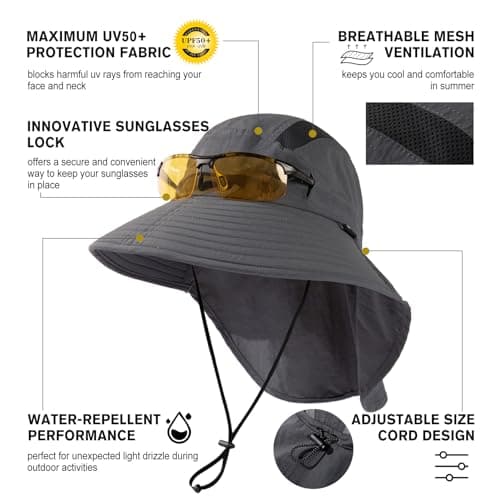 TOP-EX M/L/XL/XXL Unisex Mens Sun Hat with Neck Flap Sunglass Lock UV Protection Summer Hats Wide Brim Outdoor Fishing Hats Waterproof & Packable Dark Grey M/L — view 2