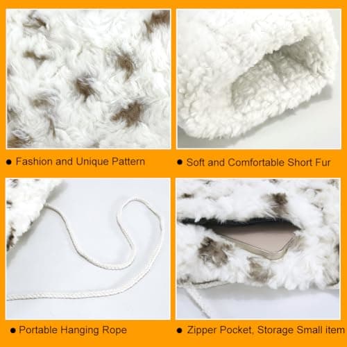 SwirlColor Faux Fur Hand Muff, Soft Hand Muff with Strap Pocket Convenient Hand Warmer Muff for Women Men, with Transparent Hook - White with Spots — view 4