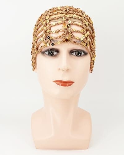 Julpsk Women's Summer Glitter Sequin Beanie Boho Hollow Out Crochet Hat for Beach Travel Party, Coffee, One Size — view 4