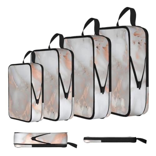 4 PCS Compression Packing Cubes, White Marble Rose Gold Printed Expandable Travel Organiser Packing Bags for Carry On Luggage Travel Accessories