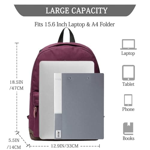 VASCHY School Bag, Water Resistant Backpack for Men, Women, Boys and Girls Lightweight Rucksack for School, Travel, Work Fits 15.6" Laptop, Burgundy — view 2