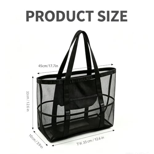 Large Mesh Beach Bag for Women and Men Tote Bag with 8 Pockets for Towels toiletries slippers cups and toys,Beach Essentials Ideal for Swimming Pool Vacation and Travel Lightweight Foldable (Black L) — view 2