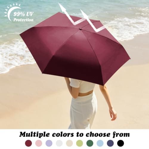 Sykerout 6 Ribs Mini Travel Umbrella, Compact Pocket Size With Storage Box，Wine red — view 3