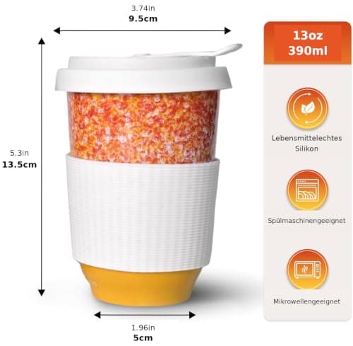 ganfaner 390ml Travel Coffee Mug with Lids, 2 PCS Ceramic Coffee Cups Heat Resist w/Sleeve, Attractive Coffee Mugs for Hot Cold Fit Car Holder, Microwave Dishwasher Safe for Office Home (Orange Blue) — view 3