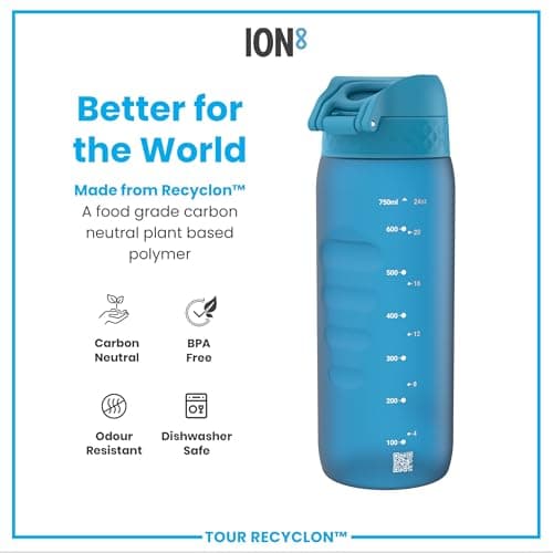 ION8 Sports Water Bottle, 750 ml/24 oz, Leak Proof, Easy to Open, Secure Lock, Dishwasher Safe, BPA Free, Flip Cover, Carry Handle, Soft Touch Contoured Grip, Easy Clean, Odour Free, Blue — view 5