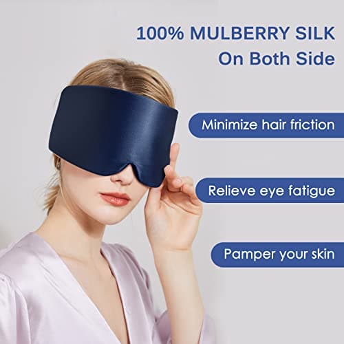 OLESILK Sleep Mask, 100% Natural Mulberry Silk Eye Mask for Women and Men with Adjustable Strap, Large in Size, Blindfold for All Night Sleep, Navy — view 3