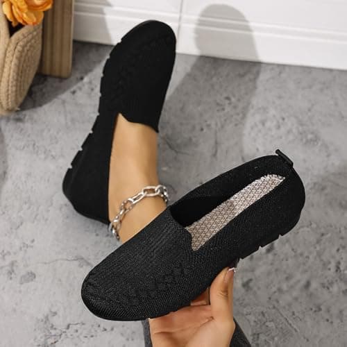 Dyalsa Women's Orthopedic Loafers Slip On Walking Shoes - Breathable Knit Mesh, Non-Slip Soft Sole, Lightweight Arch Support Comfort Flats for Work & Travel Black — view 3