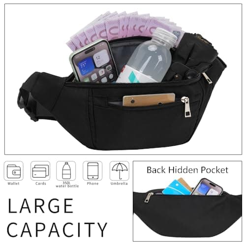 Bumbags Waist Fanny Packs for Men Women, Fashion Bum Bag with Adjustable Belt for Sport Running Hiking Jogging Travel Cycling Walking Dog Boys Ladies ect (Black) — view 3