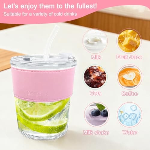 LTHERMELK Tumbler with Straw and Lid - 400ml Glass Straws, Cold Brew Iced Coffee Cup for Car Travel, Reusable Frosted Glass Tumbler with Leather Sleeve & Straw (Pink) — view 4