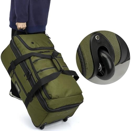 TAIHOYIN Large Foldable Duffle Bag with Wheels 85-100L Expandable Wheeled Holdall Extra Large Travel Rolling Duffel Bags for Men Women Collapsible Big Soft Luggage Camping, Green — view 6