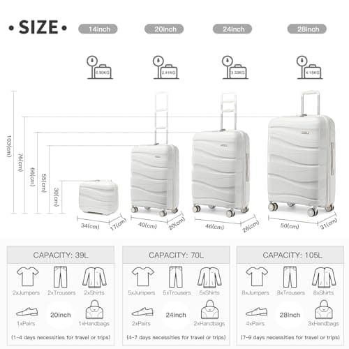 Kono Medium Luggage Suitcase with 4 Wheels 24” Lightweight Polypropylene Hard Shell Suitcase with TSA Lock (White) — view 6