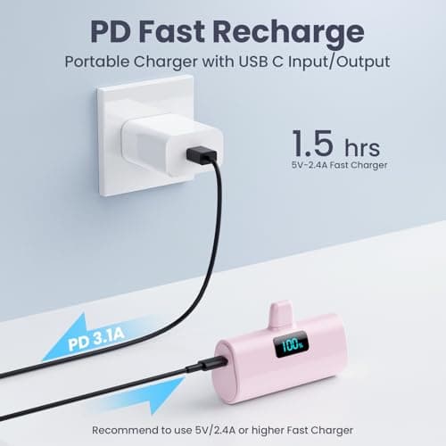 HETP Mini Power Bank 5200mAh, 20W PD Fast Charging Portable Charger, LCD Display Battery Pack, Ultra-Compact Powerbank Compatible with iPhone 14/14 Pro Max/13/13 Pro Max/12/11/XR/X/8, etc Pink — view 6