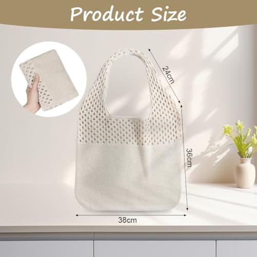 Adiwo Knitted Handbags for Women, Retro Hollow Tote Bag, Mesh Beach Bag, Crochet Beach Bag, Holiday Bags for Women, Bohemian Style for Holiday, Daily Work, Shopping, Travel (Beige) — view 3