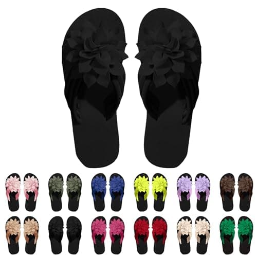 Flower Flip Flops Women Beach Slippers Size 5.5 Boho Open Toe Slip on Flat Sandals Summer Comfortable Yoga Mat Thong Sandals for Pool, Travel Vacation Slippers Flower Black Footwear Gift