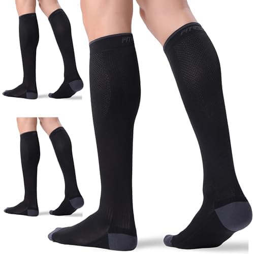 FITRELL 3 Pairs Compression Socks for Women and Men 20-30 mmHg Travel Flight Socks Medical Knee High Socks for Sport, Flying, Carers, Nurse, Pregnant Women, Varicose Veins, Black, S/M