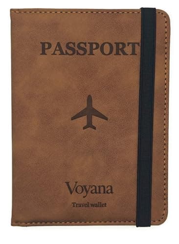 Voyana RFID Blocking Passport Holder, PU Leather Travel Wallet for Men and Women, Slim Cover for Passport, Boarding Pass, Credit Cards and Cash (Brown)