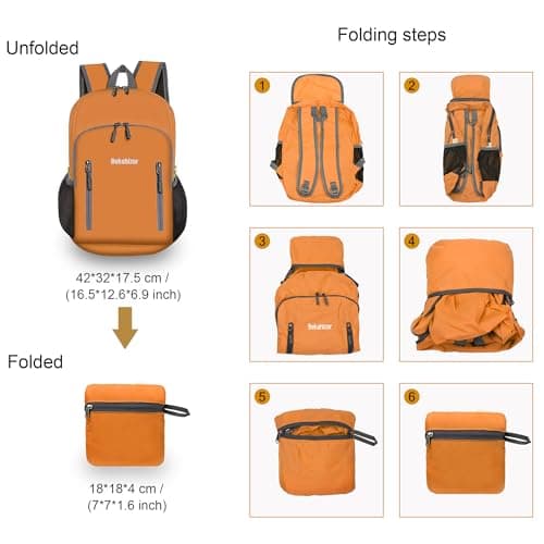Bekahizar 20L Ultra Lightweight Backpack Foldable Hiking Daypack Rucksack Water Resistant Travel Day Bag for Men Women Kids Outdoor Camping Mountaineering Walking Cycling Climbing (Orange) — view 3