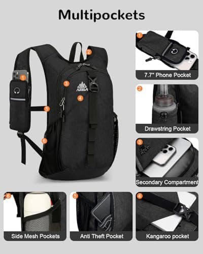 Outplea 15L Foldable Hiking Backpack Men Women, Small Ultralight Casual Daypack with Phone Holder for Outdoor Walking Travel, Black — view 3