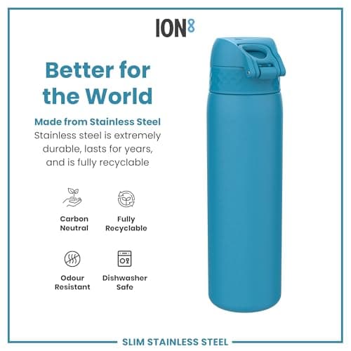Ion8 Lightweight Steel Water Bottle, 600 ml/20 oz, Non-Insulated, Leak Proof, Easy to Open, Secure Lock, Dishwasher Safe, Flip Cover, Fits Cup Holders, Carry Handle, Metal Water Bottle, Blue — view 5