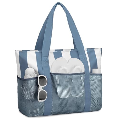 VASCHY Beach Bag for Women, Foldable Waterproof Sandproof Beach Tote with Zipper/Mesh Pockets for Vocation/Cruise/Gym/Travel Stripped Blue White