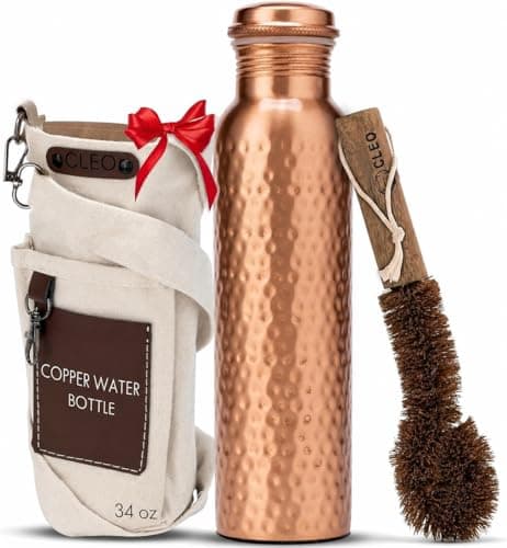 AVA DESIGNZ Hand Hammered Pure Copper Water Bottle 950 ml – Ayurvedic Leakproof Metal Sports & Gym Water Bottle | BPA Free Large Water Bottle for Yoga Travel and Office Canvas Bag & Brush Lab Tested