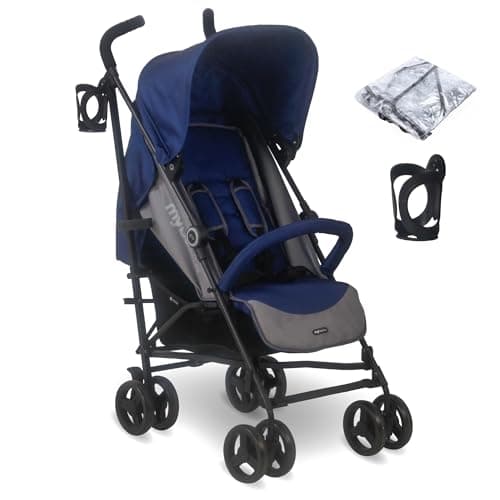 My Babiie MB02 Plus Stroller - from Birth to 4 Years (22kg), Lightweight & Compact Umbrella Fold, Travel Buggy for Toddlers, Pushchair Includes Cup Holder and Rain Cover - Blue & Grey