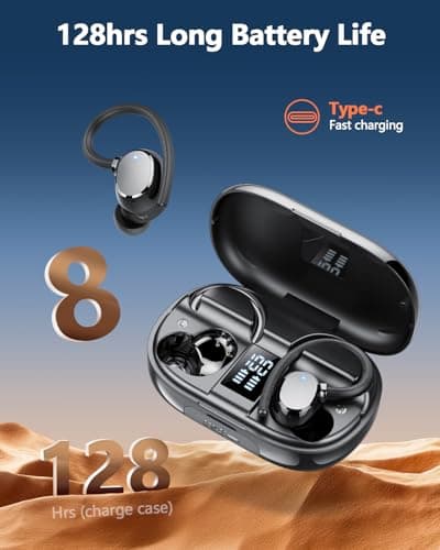Wireless Earbuds, Bluetooth 5.4 Headphones with 4 ENC Noise Canceling Mic, 128H Stereo Dual LED Display Ear Buds, Bluetooth Earphones with Earhooks, IP7 Waterproof Wireless Headphones for Running — view 2