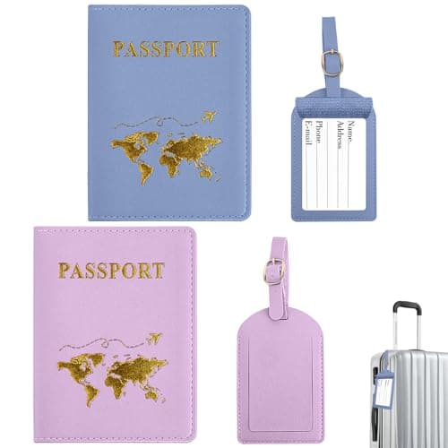 ZDNT 4 Pcs Passport Cover and Luggage Tag,Passport Holder,Passport Cover Luggage Tag Set,PU Leather Passport Holder Travel Wallet Case Organiser for Passport Credit Card Business ((Blue,Purple))