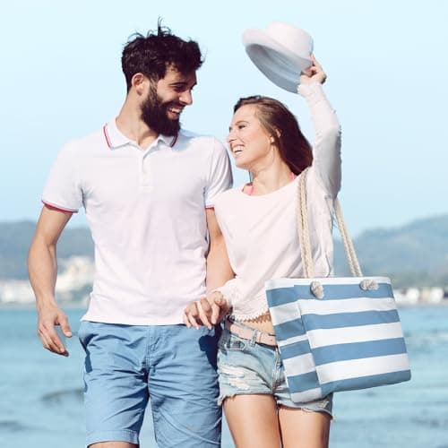 Large Beach Bags for Women - Waterproof Tote Measures 16"x14"x5.2" for ample storage; Features multiple pockets, compact foldable design for beach, travel, sports, pool, shopping and daily use. Blue — view 3