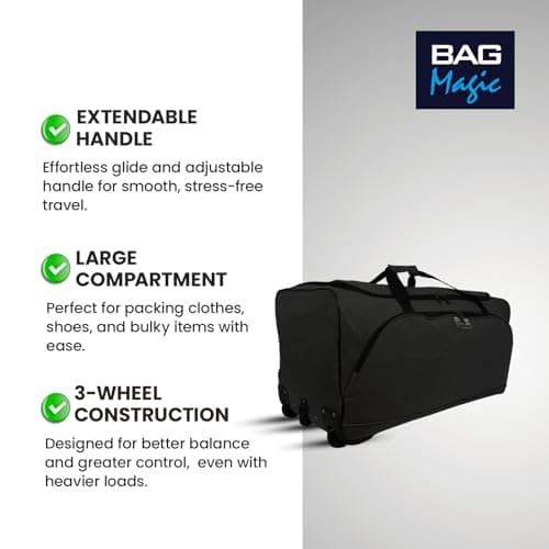 Bordlite 34" Black XXL 3-Wheel Holdall – Extra Large Twill Travel Bag with Extendable Handle & 156L Capacity – Durable Rolling Luggage for Long Trips & Family Holidays — view 2