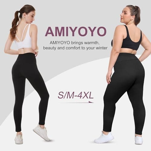 AMIYOYO Fleece Lined Leggings Women High Waisted Thermal Leggings Black — view 4