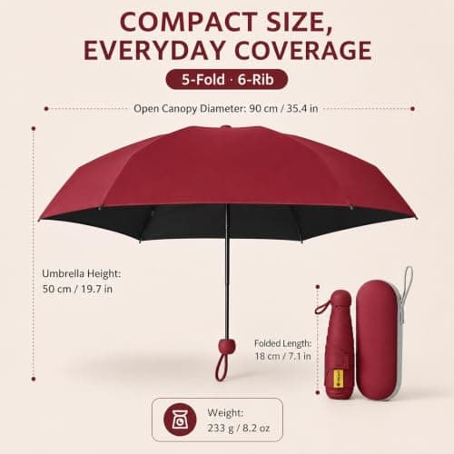 WHJYCC Compact Folding Umbrella - Burgundy Travel Umbrella with Case — view 4