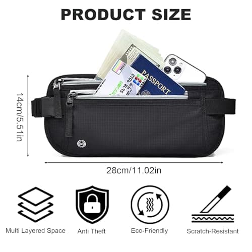 Travel Money Belt Secure RFID Blocking Money Belts for Travel Hidden Men Waterproof Undercover Travel Waist Bag Anti Theft Travel Wallet for Passport, Phone, Credit Cards & Cash, Dark Grey — view 2