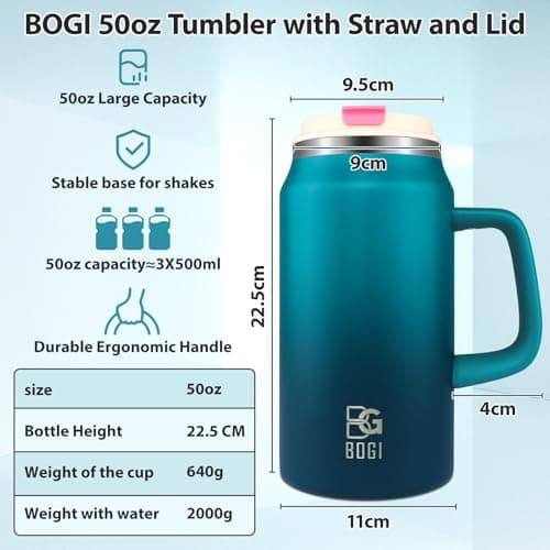 BOGI 50oz Tumbler with Straw and Lid,Large Capacity Travel Mug with Handle Insulated Stainless Steel Water Bottle Cup Keep Cold and Hot for Tea Coffee, Leak-Proof, BPA-Free, Non-Slip | BDblue — view 2