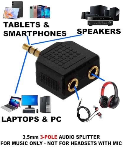 CableStop Twin Pack 3.5mm Stereo Splitter Adapter, Gold - 2 Way Headphone Jack Y Splitter for Phones, Tablets, Laptops, Speakers — view 3