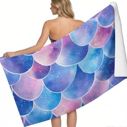 Beach Towel Microfibre Towel 140 x 70 cm Watercolor Mermaid Scales Beach Towel for Travel Purple Printed Swimming Camping Holiday Quick Dry Sand Free Towels