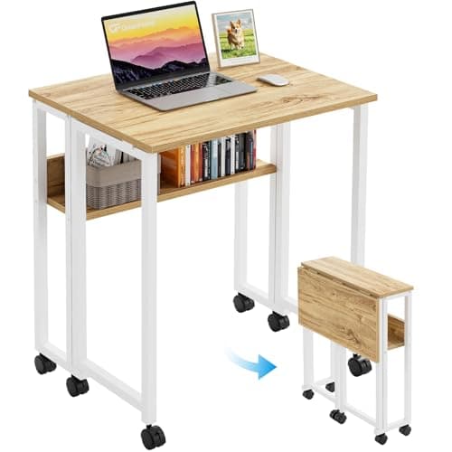 GreenForest Folding Desk 63 cm with Storage Shelf and Wheels, Oak