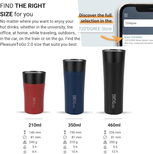 720°DGREE Travel Mug 460ml “PleasureToGo 2.0“ - Choose from 3 Sizes, 6h Hot, 12h Cold, Leakproof, 360° Drinking, BPA-Free, Hygienic - Slim Stainless Steel Thermo Cup for Coffee, Tea to Go - Black — view 3